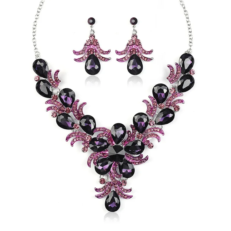 

Dazzling purple new exaggerated jewelry necklace bridal wedding set jewelry inlaid with crystal alloy water drop shape