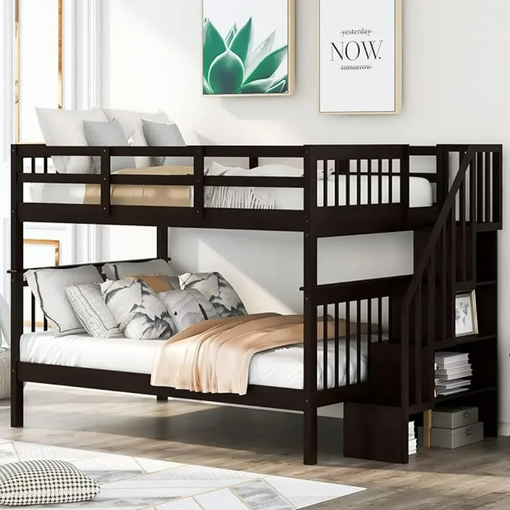 Full Over Full Bunk Bed with Stairs, Solid Wood Bunk Bed Frame with Storage for Kids Teens Adults Bedroom Dorm, Children Beds