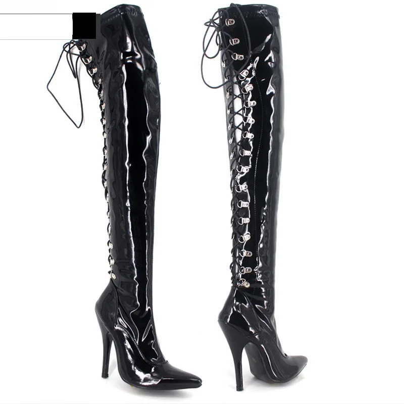 CACA stivali alti alla coscia da donna con tacco da 12cm, scarpe da Pole Dance Cosplay da uomo, Botas lunghe Fetish, nero, rosso, allacciate sul