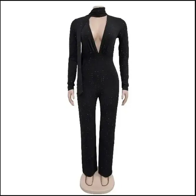 Sexy Jumpsuit Women One Piece Fall 2025 Long Sleeve Sparkle Overallls Rompers Birthday Rhinestone Deep V-Neck Black Jumpsuits