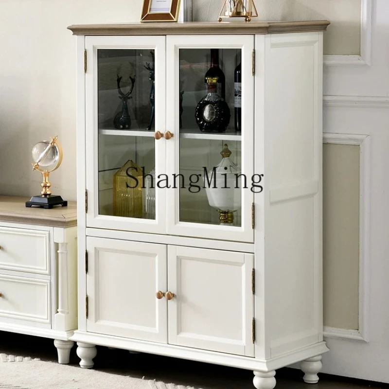 

FG Premium Exquisite White Cream Wind Solid Wood Wine Cabinet Living Room Locker Glass Side Cabinet