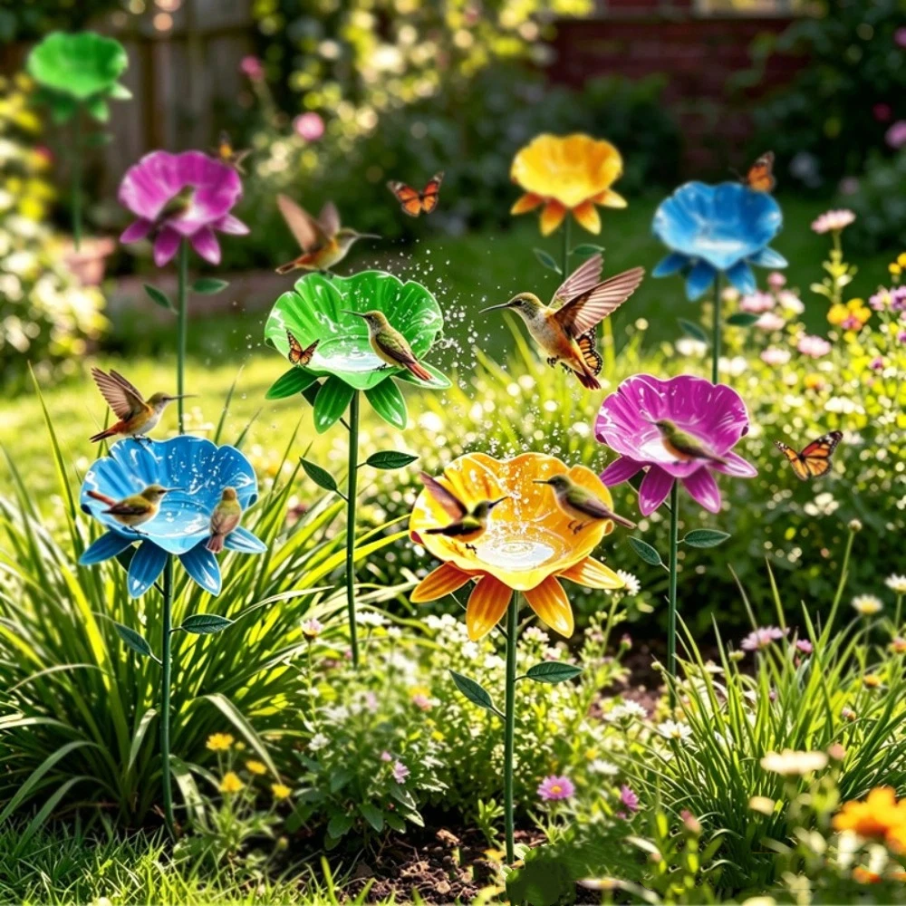 Flower Shape Metal Garden Birdbath Handcrafted Rust Resistant Bee Watering Station UV Resistant Weather Resistant