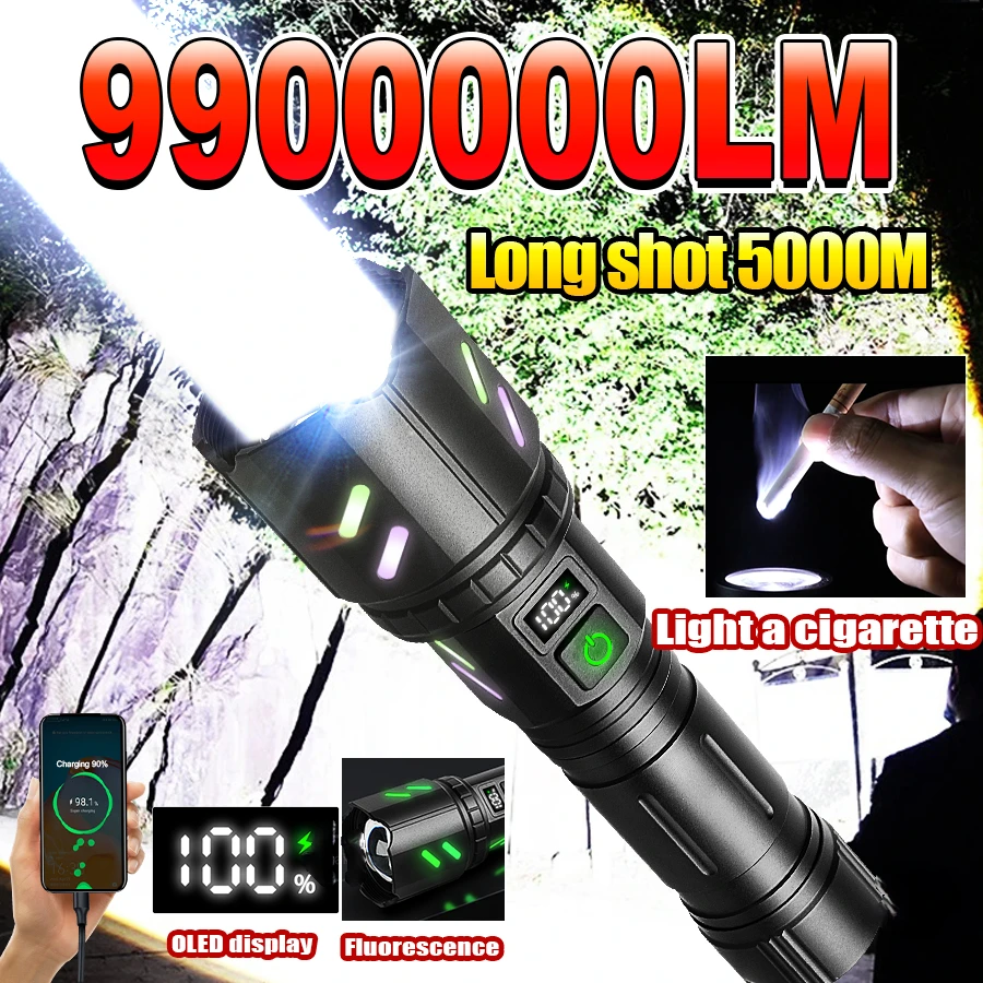 9900000LM High Power LED Flashlights With Condenser 5000M Super Strong Beam Ignites Outdoor Work Light Camping Fishing Lantern