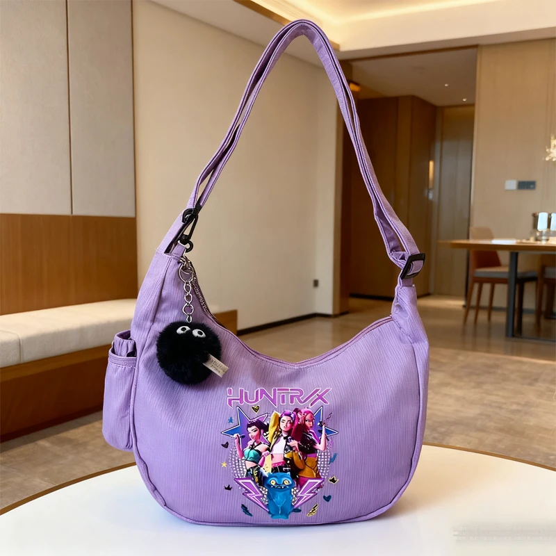 

KPop Demon Hunters Crossbody Bag with Plush Pendant Cartoon Pattern Storage Bag Easy Convenient Handbag Friend's Birthday Gift
