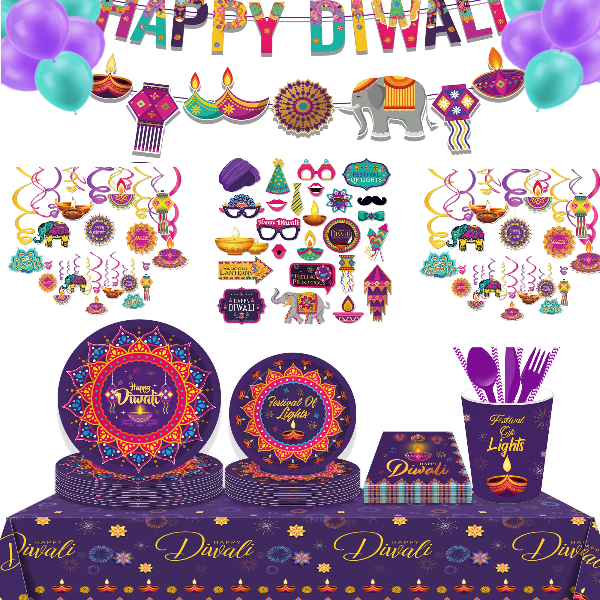 Diwali Einweggeschirr Teller Servietten Tassen Tischdecke Cupcake Halter Photo Booth Requisiten für Diwali Party Geschirr Dekor