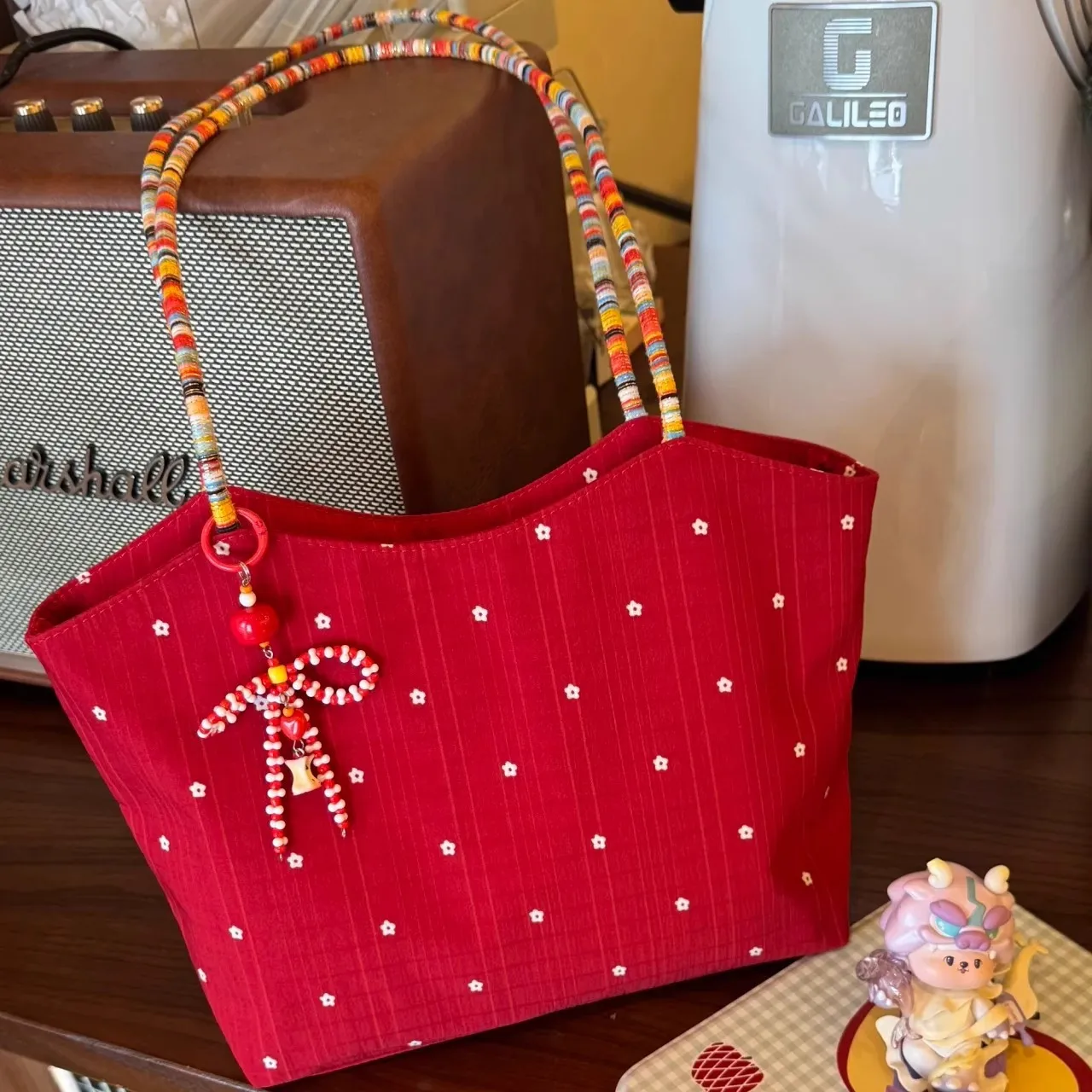 

2026 New Red Canvas Tote Bag Large Capacity Floral Print Shoulder Bag Women's Casual Daily Shopping Bag Commuting Soft Bag