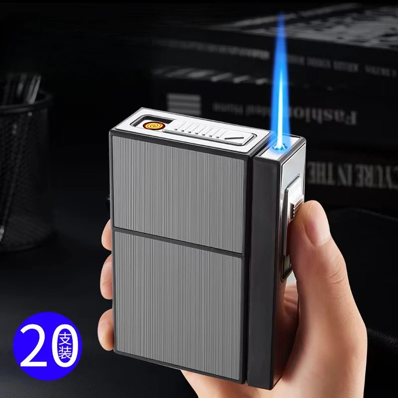New Can Hold 20 New Metal Cigarette Case Flashlight USB Lighter Windproof Jet Rechargeable Gas Lighter Men's Gadget