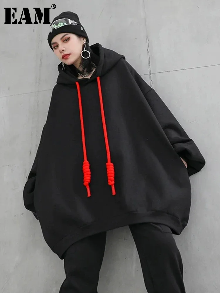 

[EAM] Black Drawstring Color-block Oversized Sweatshirt New Hooded Long Sleeve Women Big Size Fashion Spring Autumn 2023 1DH4090