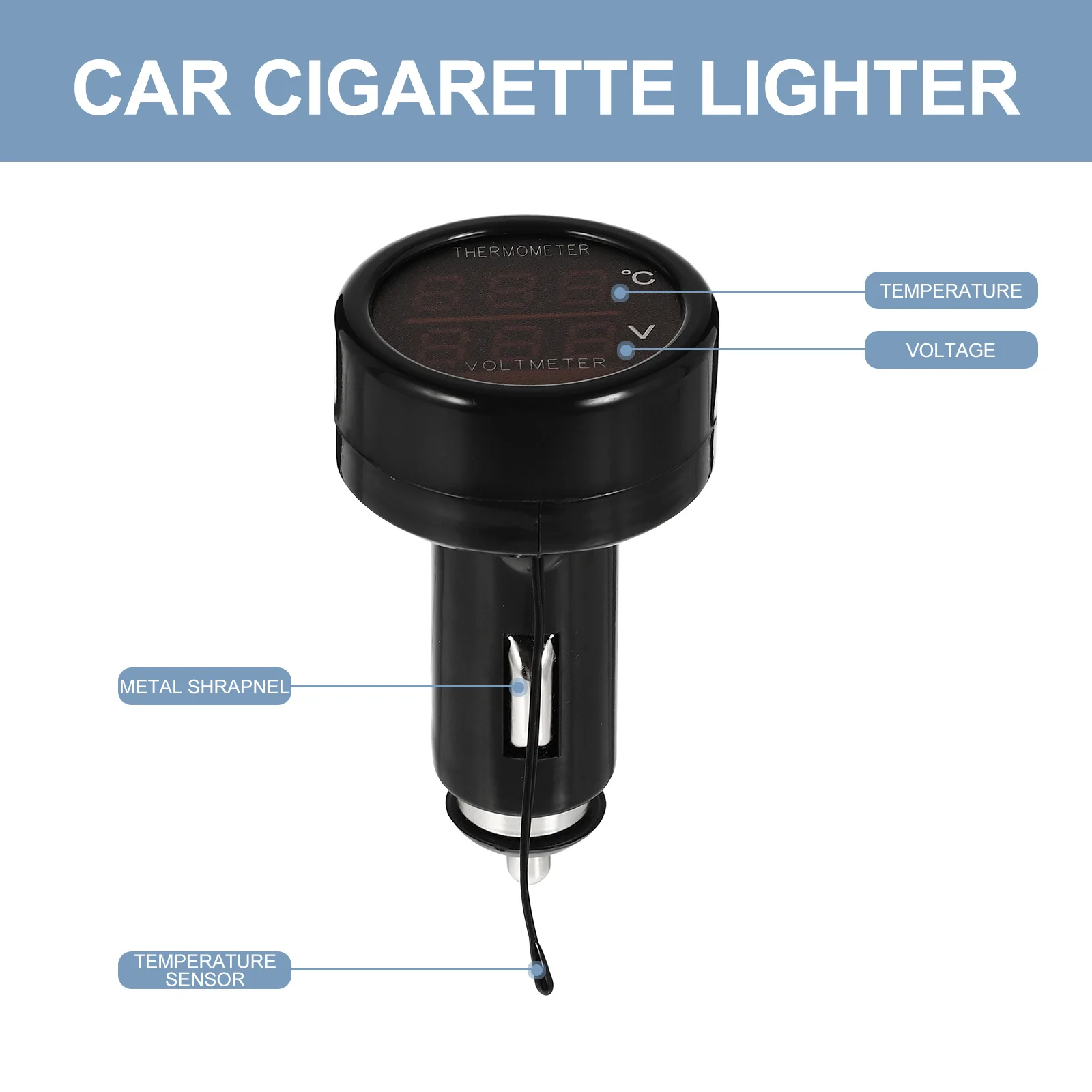 

2-in-1 Car Lighter Plug Voltmeter Temperature Gauge Black Shell Blue Red LED Digital Display Accurate -10 to 80 Celsius Sensor