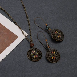 Vintage Indian Jewelry Colorful Enamel Earrings Necklace Set for Women Ethnic Beads Boho Flower Dangle Jewelry
