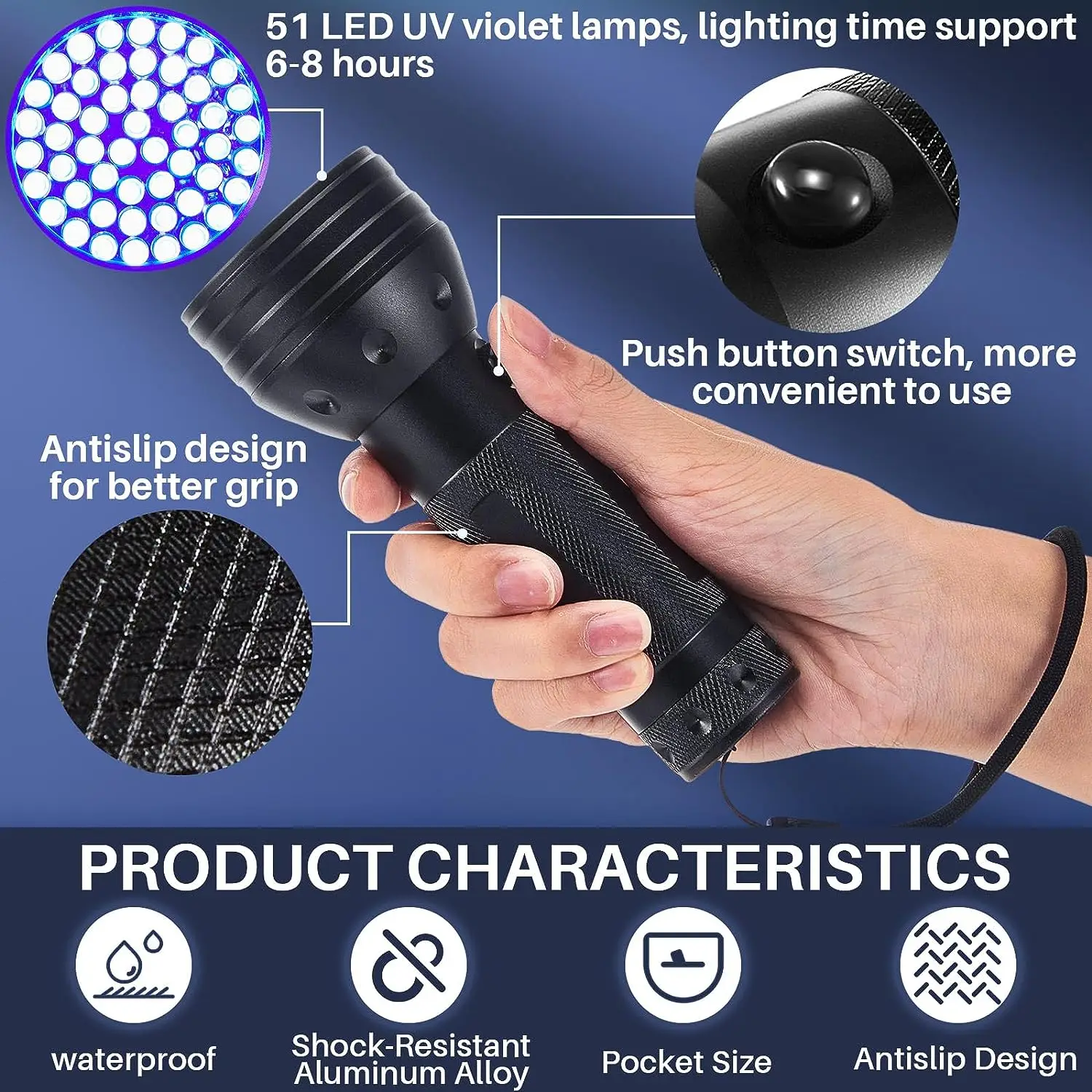 51LED UV Flashlight Glow Golf Balls UV Light Handheld Blacklight Portable 395nm Torch Ultraviolet Medical Pocket Lamp Pet Stains