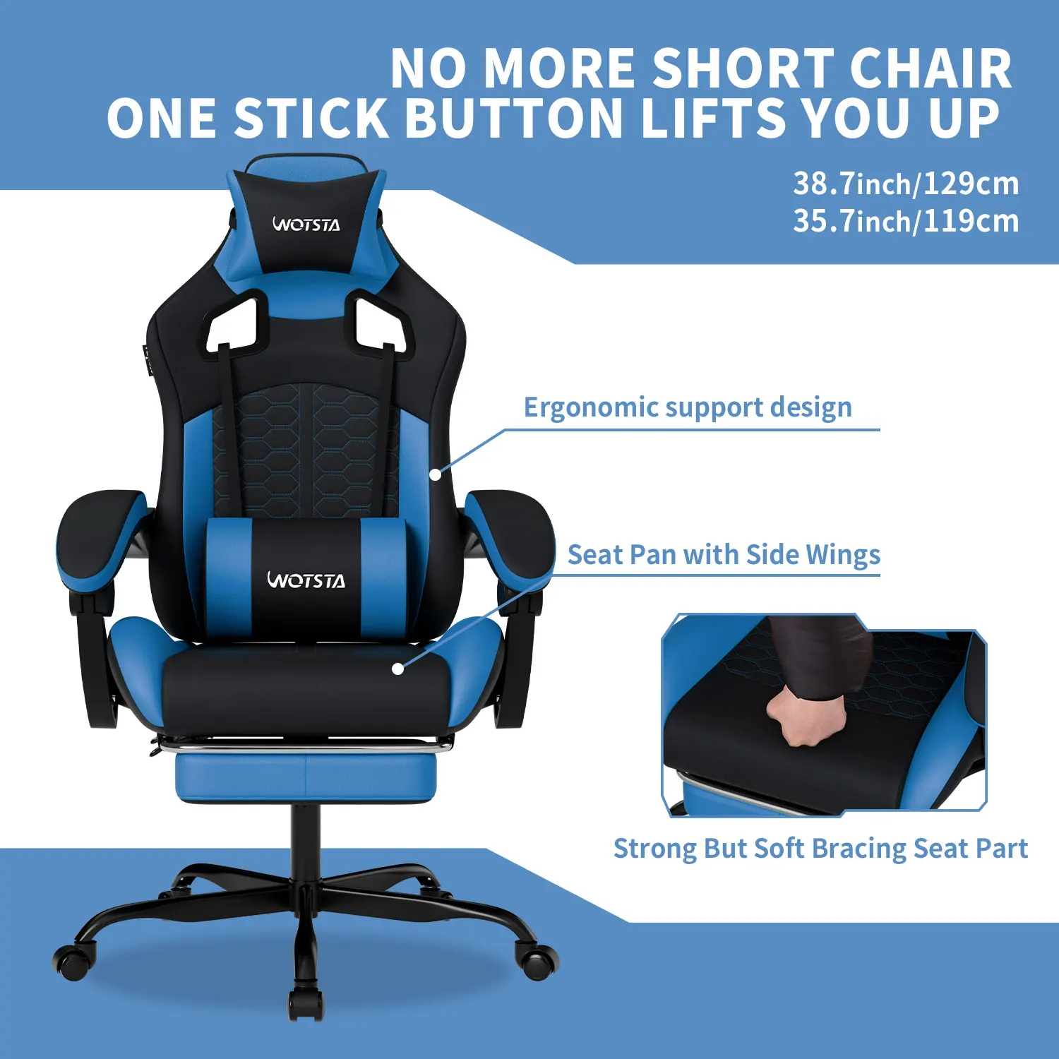 Игровое кресло WOTSTA с подставкой для ног, геймерские стулья, эргономичное с поясничной подушкой, подголовником, регулируемым по высоте компьютерным офисным стулом