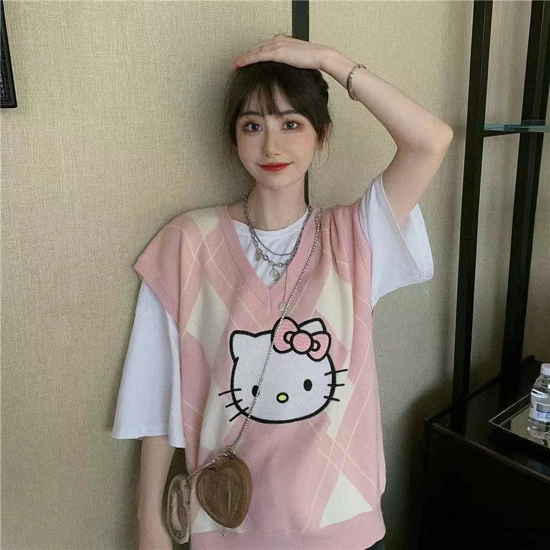 Hello Kitty Cartoon Vest Women Short Loose Trendy  Sleeveless Knitted V-Neck All-match Female Coats Simple Leisure Outwear