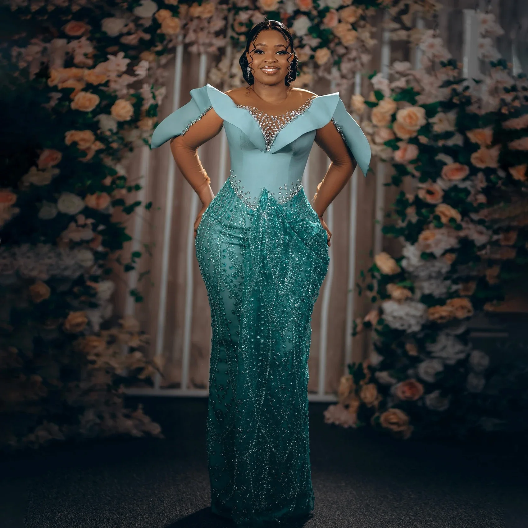 

Небесно-голубые вечерние платья 2022, женские вечерние платья Aso Ebi, кристаллы, длинные рукава, иллюзии, великолепные длинные вечерние платья русалки