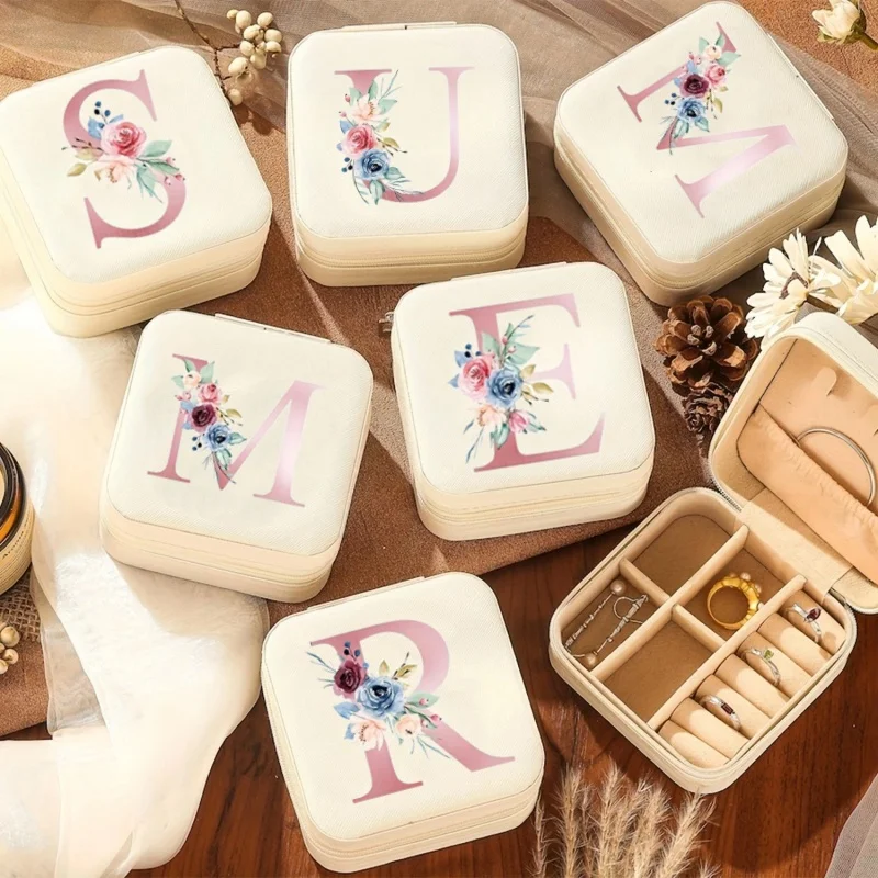 Alphabet Print Beige Jewelry Box Elegant Zipper Travel Jewelry Case Earring Necklace Ring Storage Organizer Bridesmaid Gift