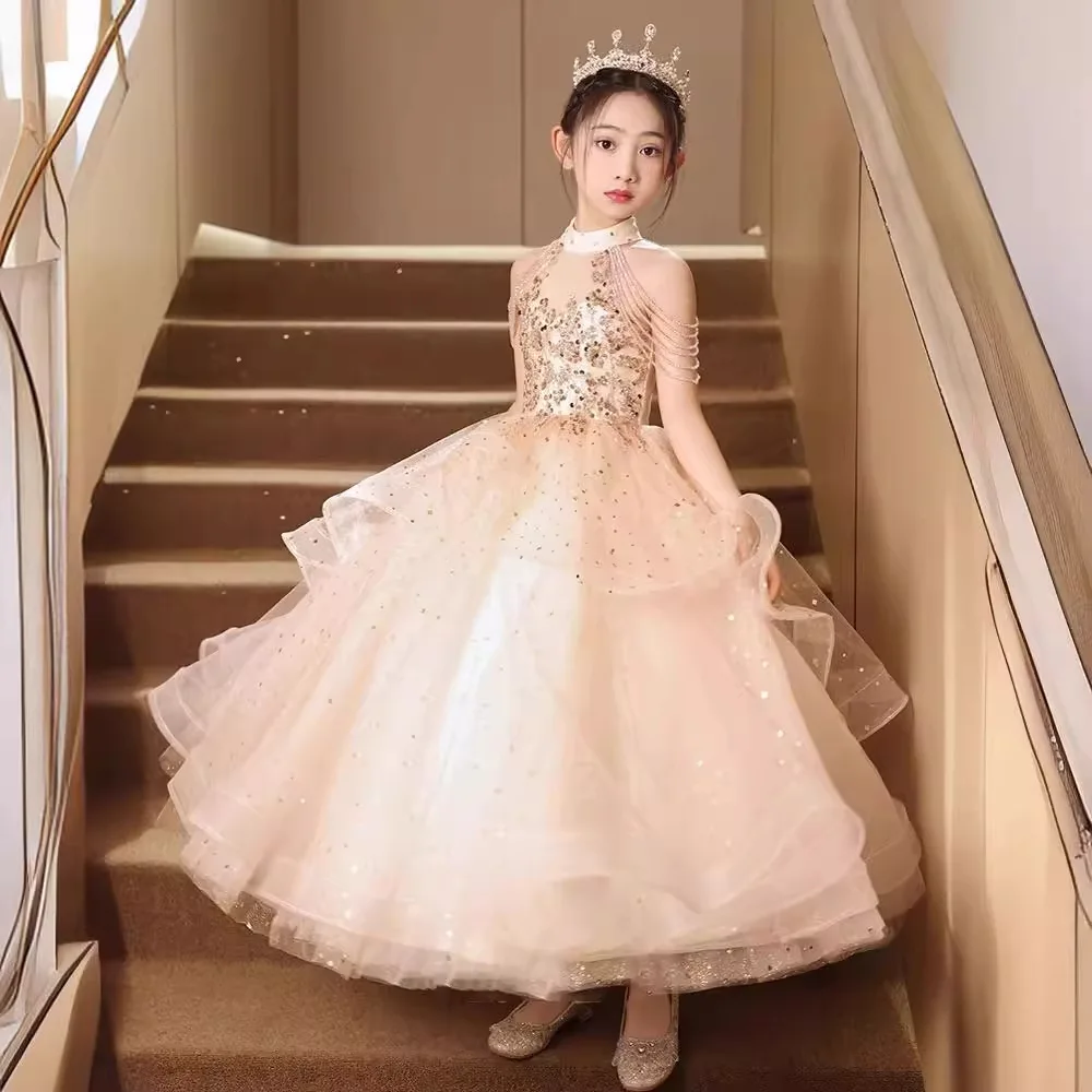 Children's Dresse Luxury Perspectively sexy sequins Beading flower halter Sleeveless Long wedding Ball Birthday party Girl Dress