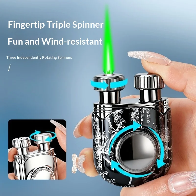 2026 Zinc Alloy Creative Three Rotating Gyroscope Windproof Green Flame Butane Gas Lighter Visible Gas Window Outdoor Cool Play