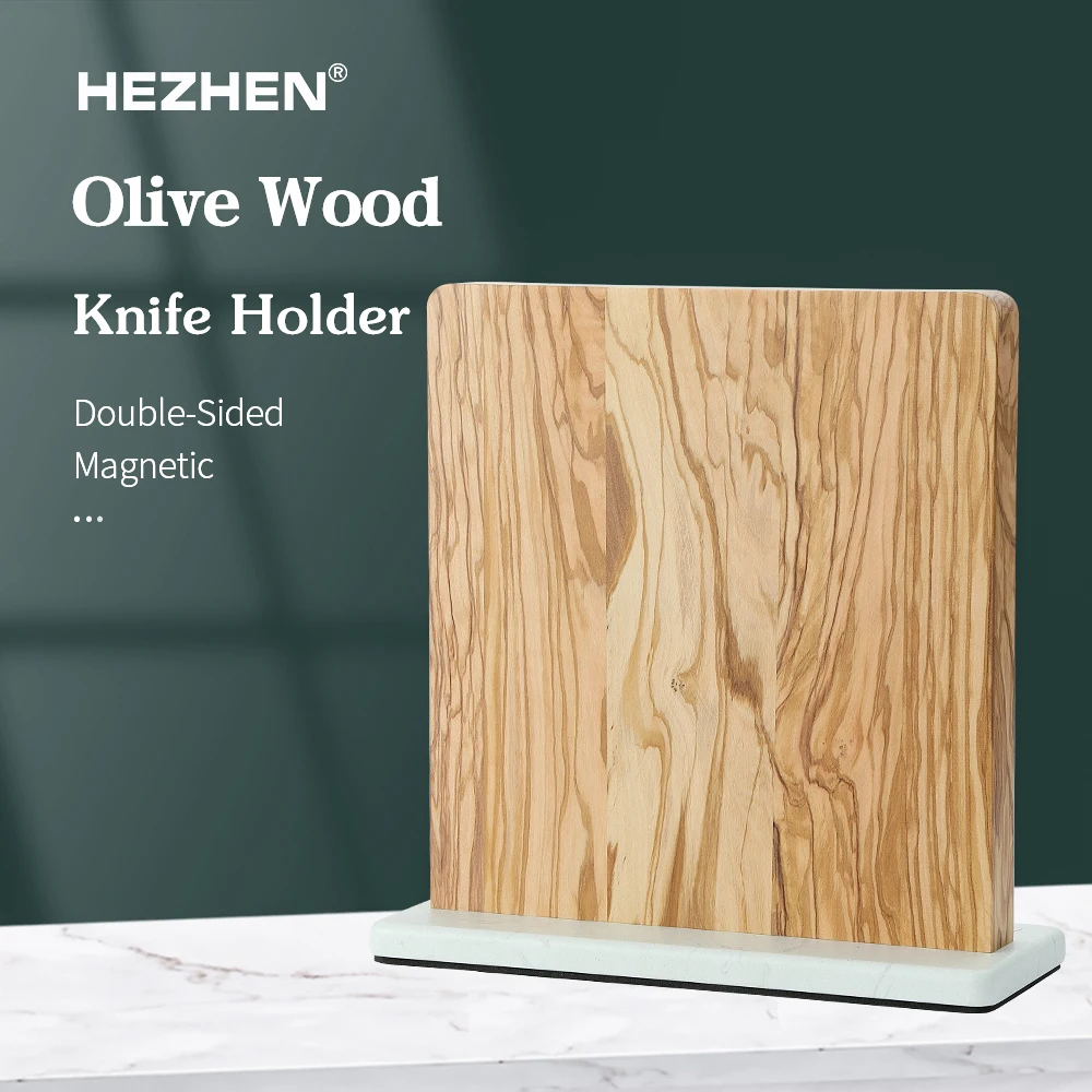 HEZHEN nouveau Design support en bois d'olivier Double face magnétique en bois naturel anti-rayures organisateur de couteaux de cuisine stable et Durable