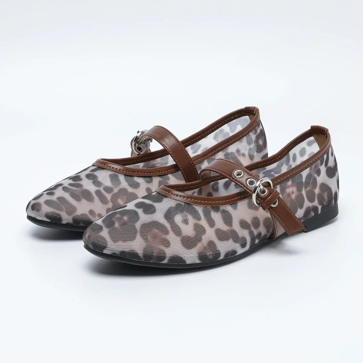 

Women's leopard print mesh shoes casual transparent ballet flat mary jane shoes round toe elegant hollow loafers 2025