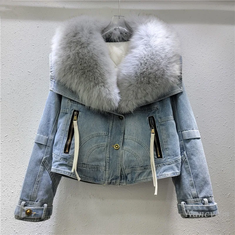 2024 neue Große Fuchs Pelz Kragen Denim Jacke frauen Kleine Kurze Weiße Ente Unten Liner Straße Warme Pie mantel