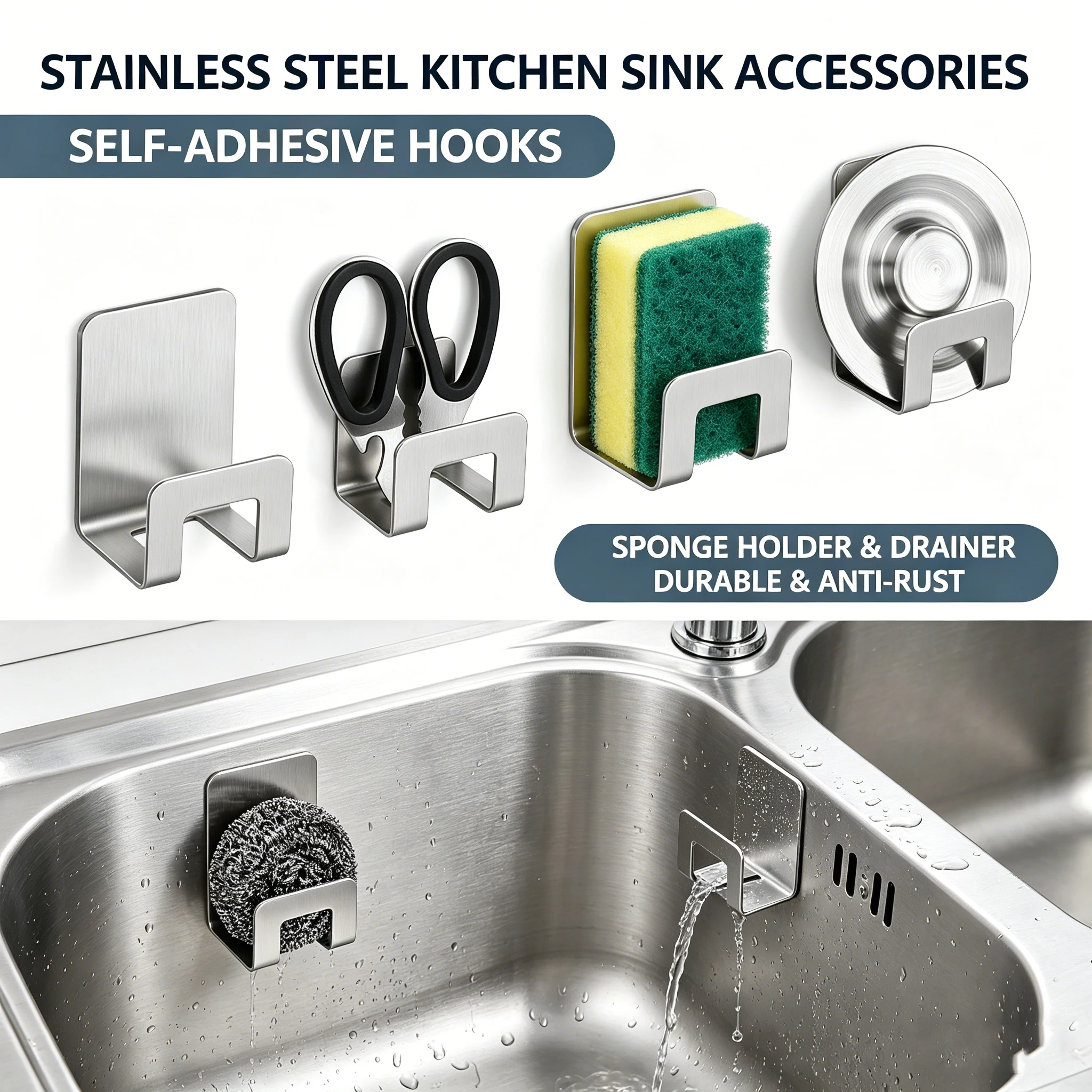 Soporte de acero inoxidable para esponjas de fregadero, bandeja de secado con drenaje, organizador autoadhesivo de paños de cocina, gancho accesorio para estante.