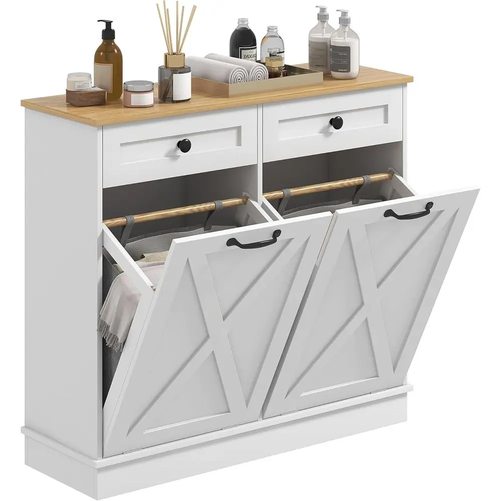 

Double-Decker Laundry Hamper Cabinet with Detachable Baskets, Freestanding Storage for Bathroom, Living Room, or Laundry Room, W