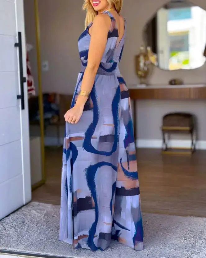 

2026 New Retro Fashion Printed V-Neck Elastic Thick Belt High Waist Bareback Wide Leg Jumpsuit