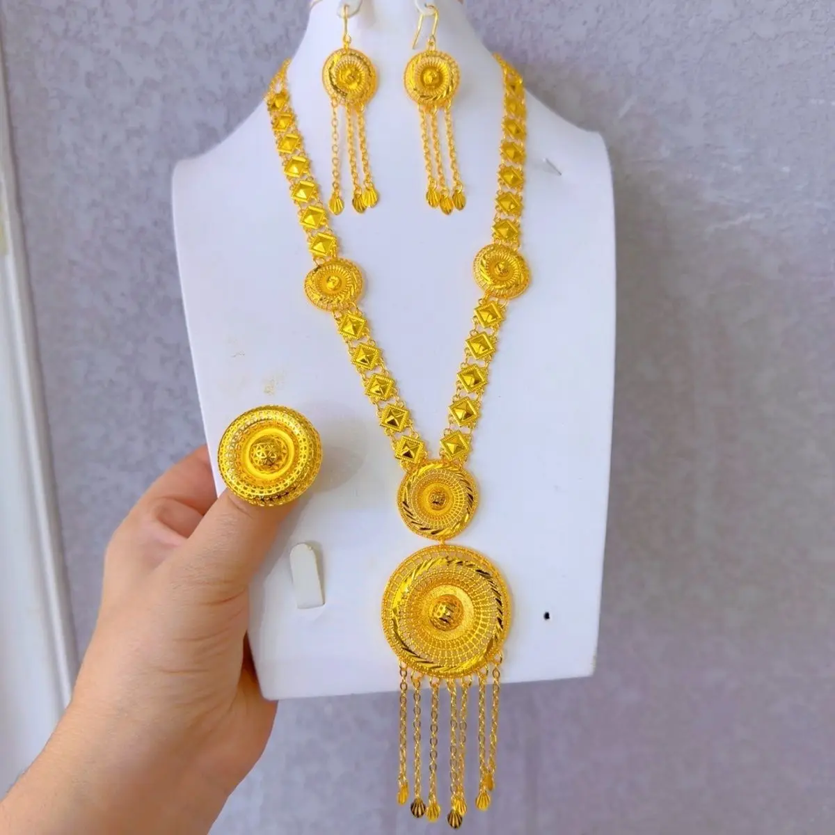 Fashion Dubai 24K Gold Plated Customized Necklace Earrings Rings Wedding Christmas Gift Jewelry Set for Lovers DD10967 - view 2