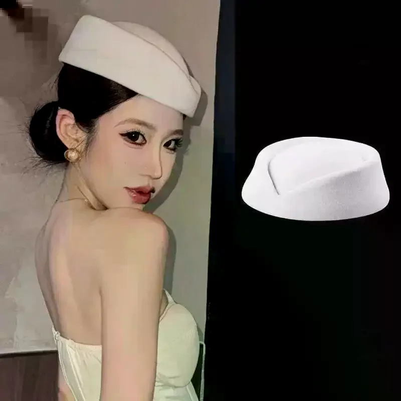 Beret Hat Caps Airline Stewardess Flight Attendant Vintage Hat Black Flat Top Hat Hair Clip Hair Accessories