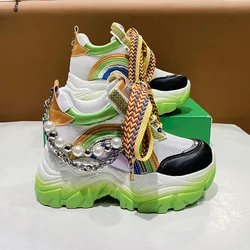 Lakierki damskie obuwie moda String korale dziewczyny Chunky Sneakers 8.5cm obcas gruba podeszwa damskie buty platformy