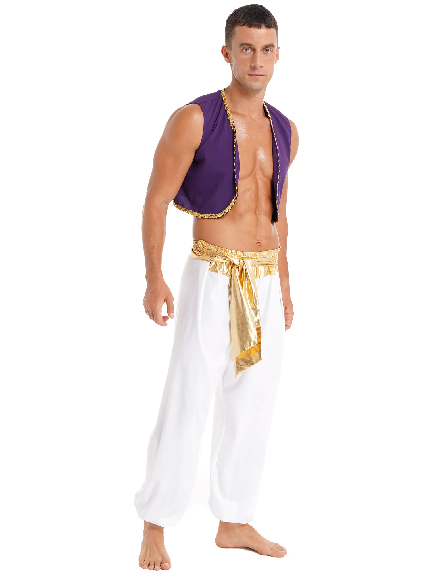 Mens Arabian Prince Lamp Costume Halloween Adult Persian Role Play Outfit 2 Pieces Open Front Vest with Harem Pants