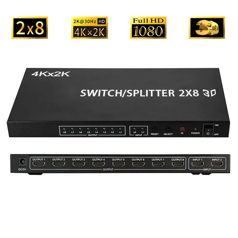 4K HDMI-compatible Swithch Splitter 2 in 8 out 2x8 Video Splitter 1 to 8 Monitor Screen Display for TV PC PS4 Monitor Projector