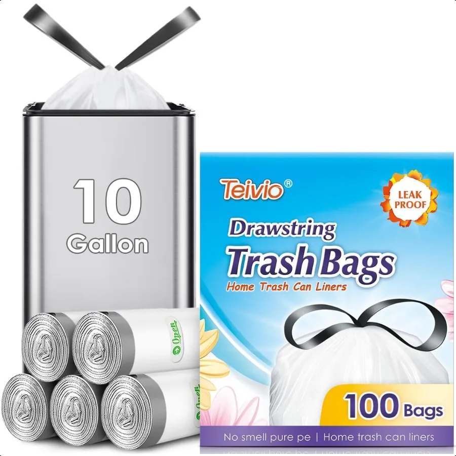 Bolsas de basura con cordón, 10 galones, 100 unidades, bolsas de basura medianas para cocina, apto para cubo de basura de 3035 litros, revestimientos grandes para bote de basura