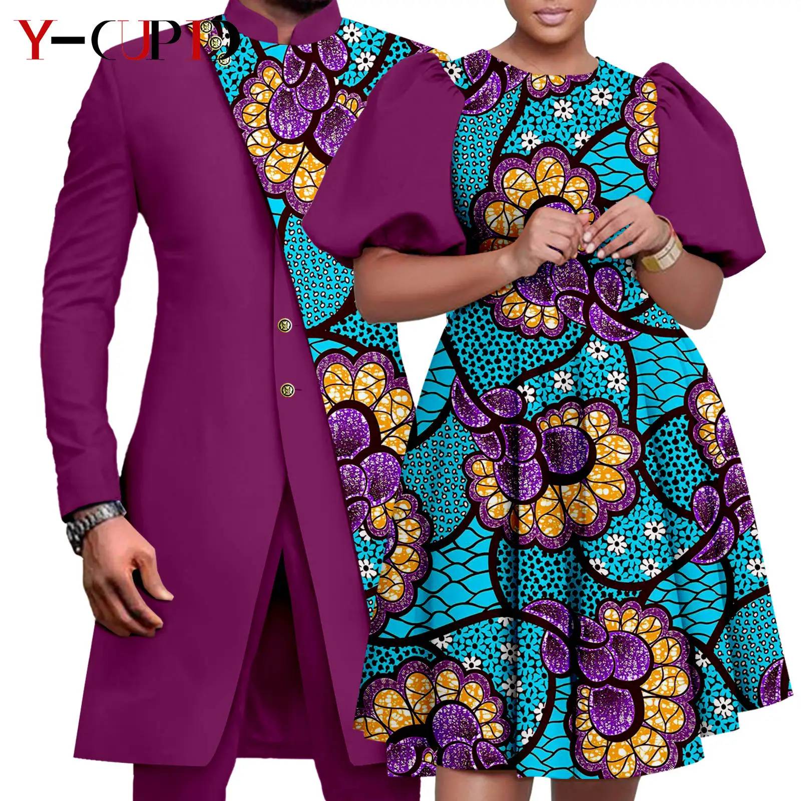 African Couple Matching Clothes Dashiki Women Print Dresses Bazin Riche Men 2 Pieces Suit Patchwork Jacket and Pant Sets Y23C076