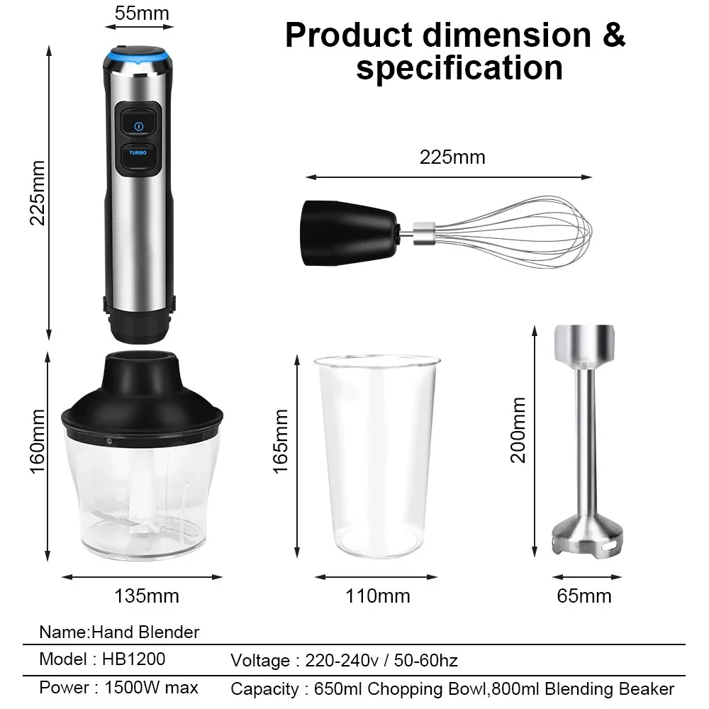 Liquidificador manual 4 em 1 de alta potência, 1200W, misturador de carne vegetal, inclui picador e copo de smoothie, batedor de aço inoxidável