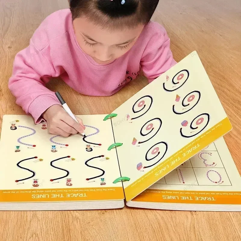 Montessori buku pendidikan gambar, buku latihan kontrol buku kerja jiplak ajaib dapat dipakai ulang untuk anak-anak