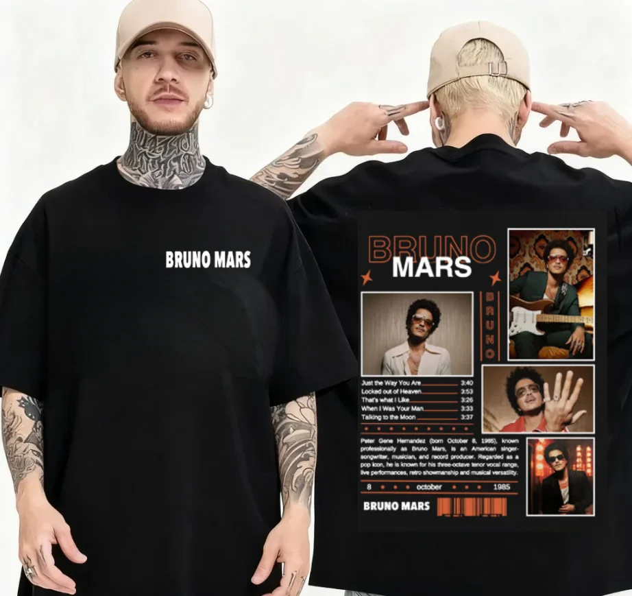 Camiseta con estampado gráfico de la gira de rapero Bruno Mars 2026, camiseta Harajuku de alta calidad para hombre, camiseta de algodón de gran tamaño para verano, regalo para fans