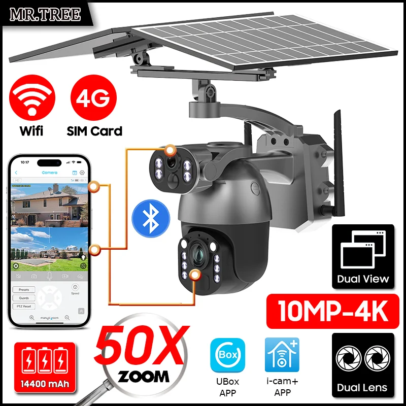 

10MP 4K 50X Optical Zoom Video Solar Camera 4G SIM CCTV Outdoor SurveillanceWiFi Home Security PTZ Motion Detect IP Tracking Cam
