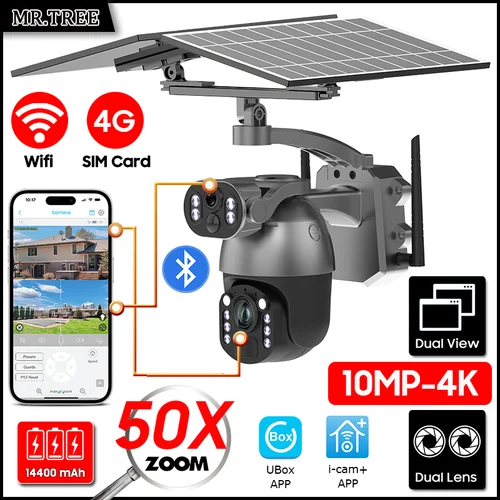 Imagen 1 del producto Cámara Solar de vídeo con Zoom óptico de 10MP, 4K, 50X, 4G, SIM, CCTV, vigilancia en exterior, WiFi, seguridad del hogar, PTZ, detección de movimiento, cámara de seguimiento IP