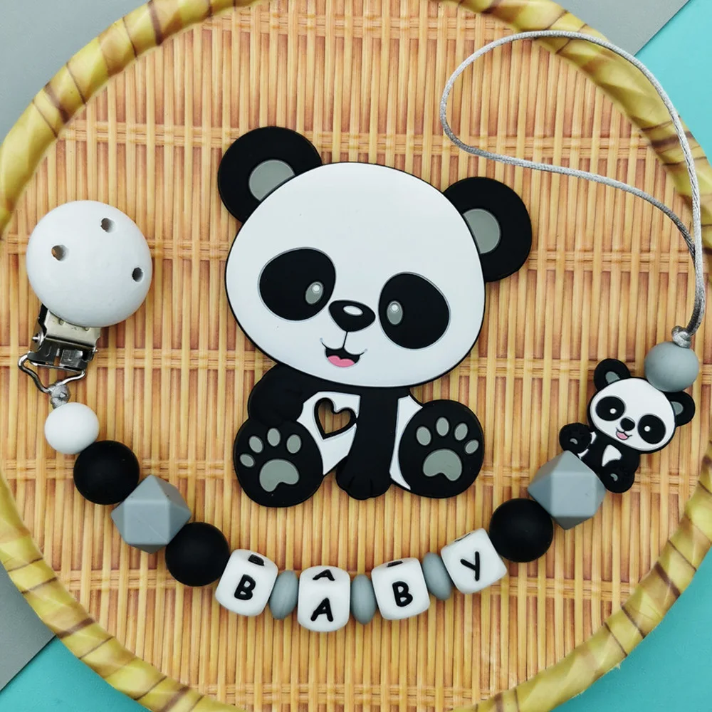 Customize Personalized Name Baby Silicone Panda Pacifier Clips Chains Teether Pendants Baby  Teething Kawaii Toys Gifts
