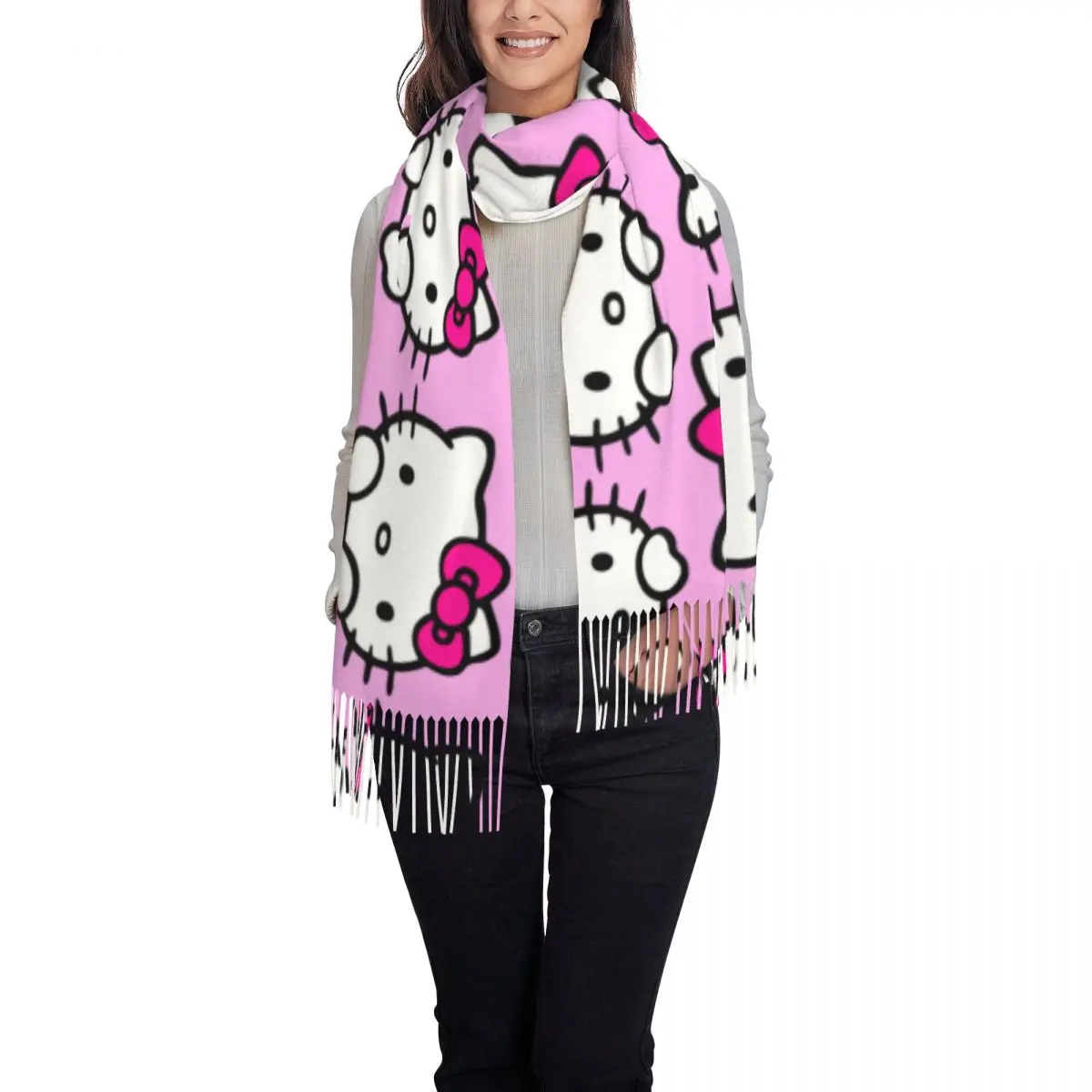 Custom Printed Hello Kitty Scarf Women Men Winter Warm Scarves Kitty White Shawl Wrap