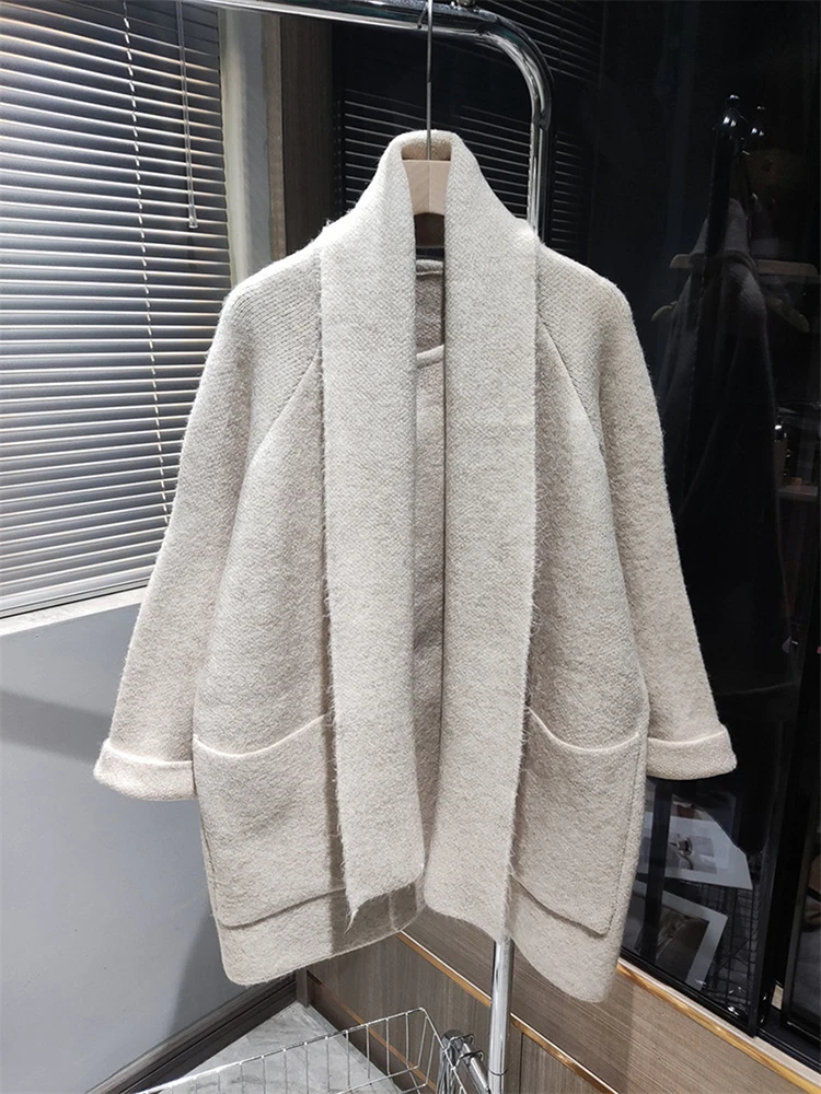 [EWQ] Knit Shawl+ Big Pocket Spliced Loose Sweater Coat Women Long Sleeve Gray Cardigan Jacket 2024 Autumn Winter New 16U5172