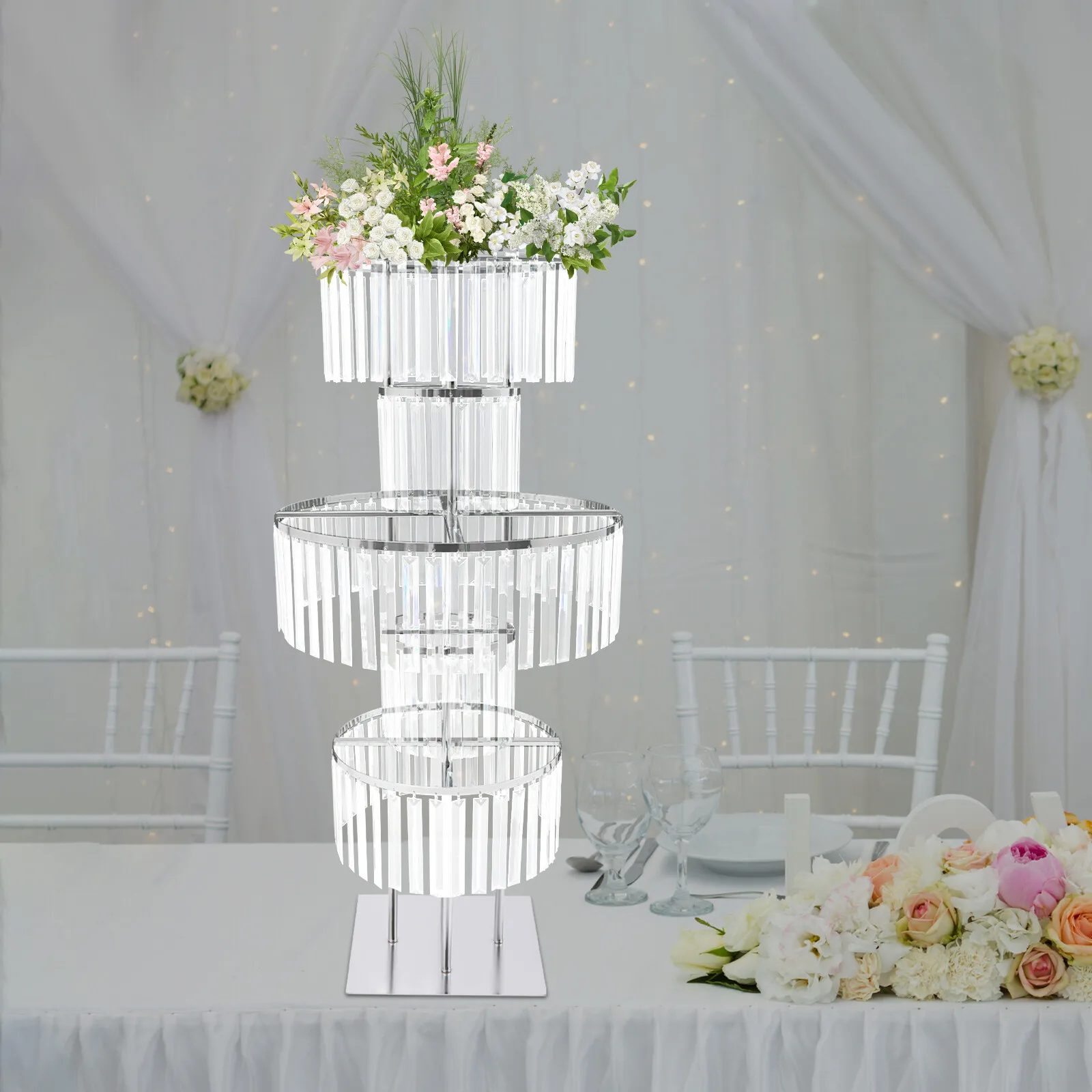 

5-уровневая прозрачная и серебряная подставка для цветов из железа и акрила, процесс гальваники с высотой 43,3 дюйма для свадеб и мероприятий