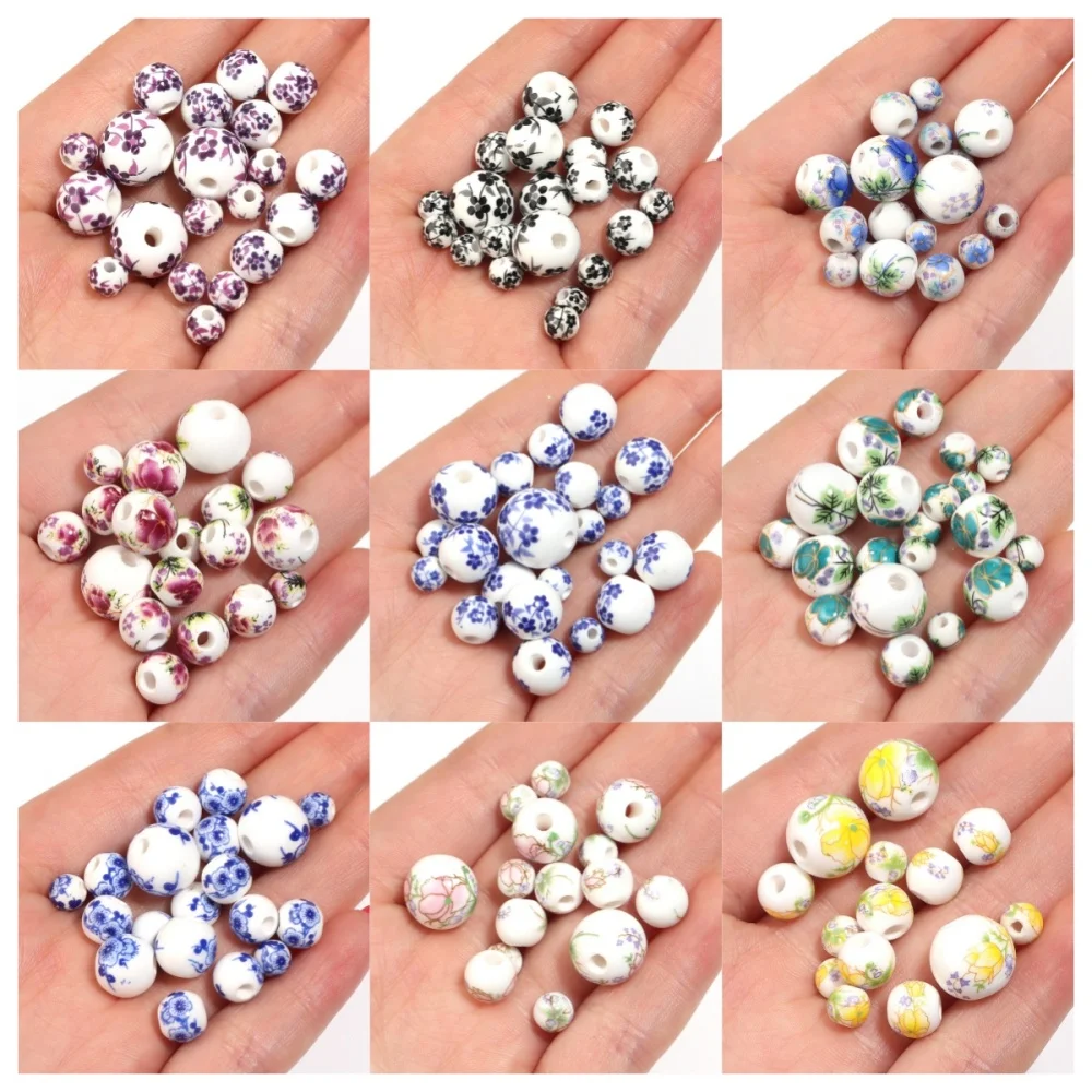 20-30pcs rond 6mm 8mm 10mm 12mm motifs de fleurs en céramique en porcelaine perles de séparateur lâche pour la fabrication de bijoux bracelets bricolage