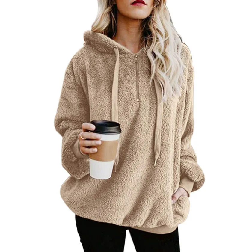 Women Casual Plush Hooded Sweatshirt Half Zip Drawstring Design Long Sleeve Front Kangaroo Pocket Relaxed Winter Pullover