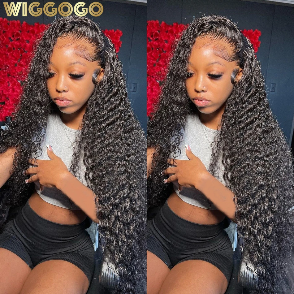 Wiggogo 40 Zoll Echthaar 13X4 Deep Wave Frontal Perücke 13X6 Curly HD Lace Front Perücken Brasilianische Wasserwelle 5x5 HD Spitzenverschluss Perücke