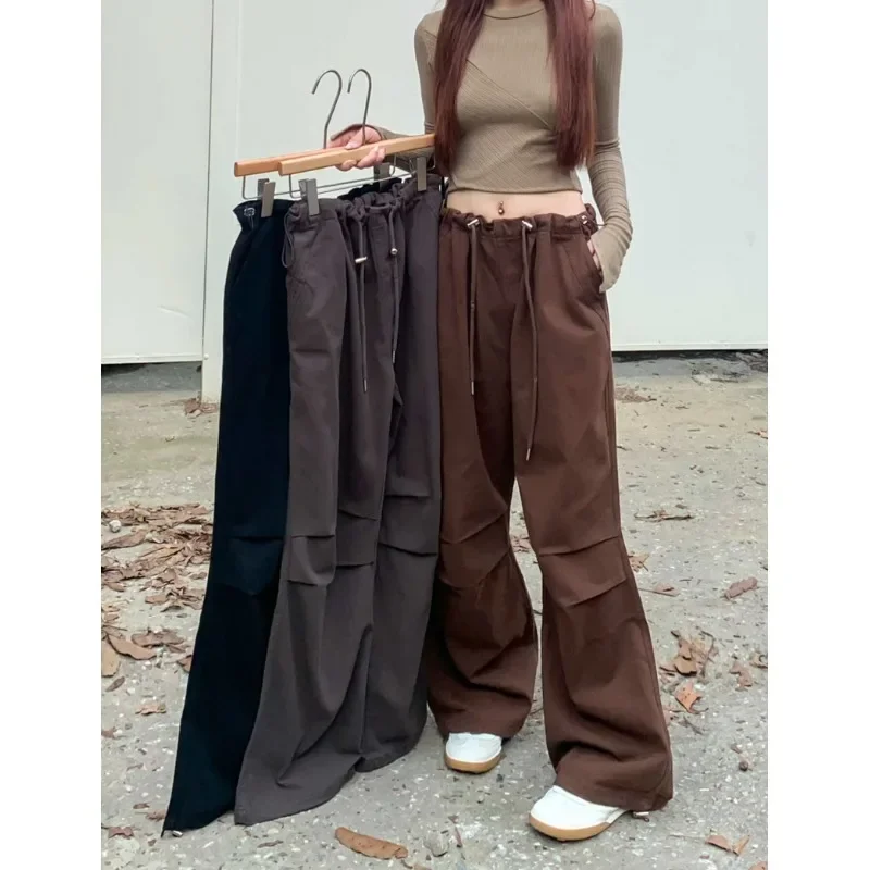 

Retro Tooling Casual Pants Women's Autumn New Sports Thickened Drawstring High Waist Wide-leg Mopping Pants Solid Color Trousers