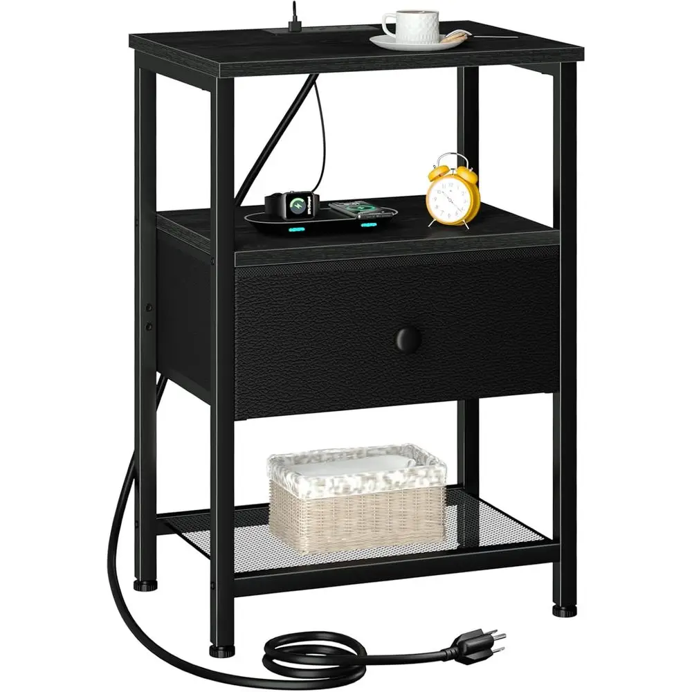 

Nightstand with Charging Station, End Table with Storage abric Der, Night Stand or Bedroom, Small Bed Side Table with USB Ports