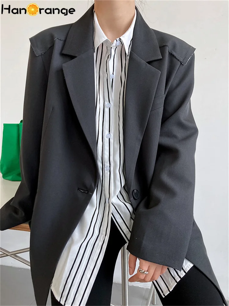 HanOrange 2026 High-end Silhouette Suit Jacket Women Autumn 2026 Spring Loose Shoulder Pad Blazer Female Grey/Apricot
