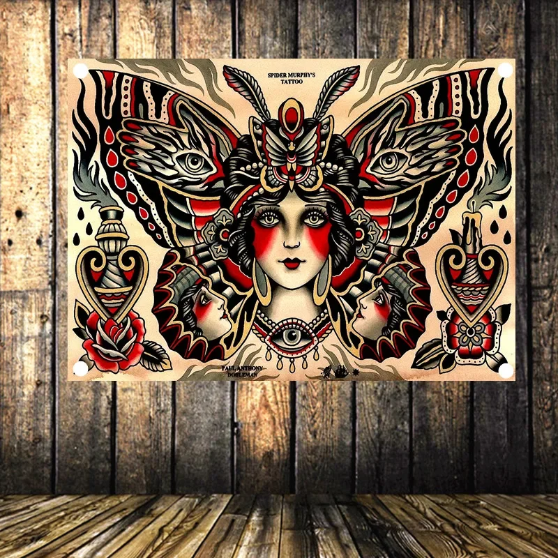 Retro Tattoo Poster Banner Flag Tapestry Wall Stickers Canvas Painting Wall Hanging Cloth Art Bar Cafe Barber Shop Home Decor A1